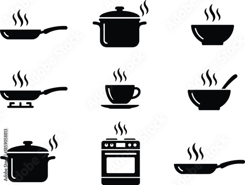 Cooking kitchen icons set, pot pan bowl cup oven steaming food symbols, cookware vector illustration isolated white background flat minimal