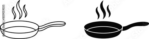 Frying pan icons set, line and solid style cooking skillet with steam, kitchen cookware vector illustration isolated