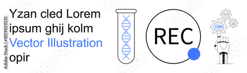 Artificial intelligence, science research, biotechnology, marketing software, data recording, tech solutions. DNA helix in a test tube, recording icon robotic hand with CRM icons. AI and science