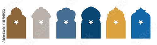 Islamic shape of door or window silhouette Arabic arch, five-pointed star symbol. Collection in oriental style. Frames in Arabic Muslim design for Ramadan Kareem. Mosque gate shape on transparent