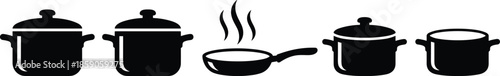 Cooking pot and frying pan icons set, kitchen cookware symbols, boiling food vector illustration isolated white background