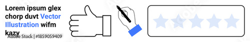 Customer feedback, user experience, quality review, rating system, evaluation, online survey. Thumbs-up symbol, pen writing and five-star rating bar. Feedback and user experience concept