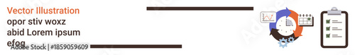 Business management, data analysis, workflow planning, goal tracking, collaboration, report generation. Graphs, circular flowchart clipboard with checklist. Business planning and data analysis