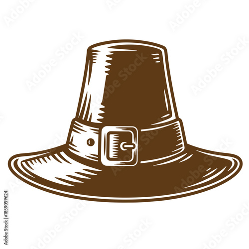 Vintage Brown pilgrim hat with buckle and belt on white background