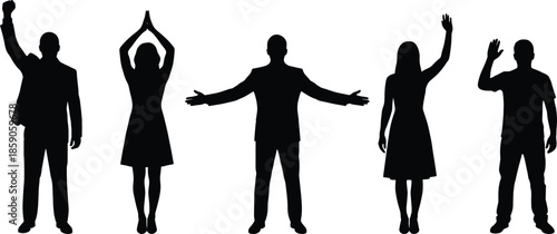 People silhouettes with raised hands set, men and women cheering waving greeting poses, human gesture collection isolated vector