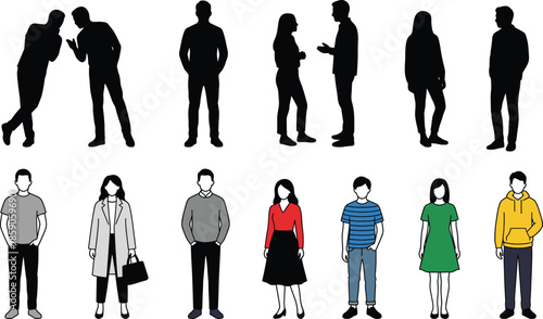people,characters,silhouette,illustration,men,women,standing,communication,conversation,group,business,casual,professional,team,social,interaction,diversity,concept,isolated,white