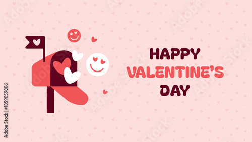 Horizontal valentine day banner. Vector horizontal advertising background for February 14. Cute illustrations poster, greeting cards, headers, website. Mailbox with hearts, smiley face