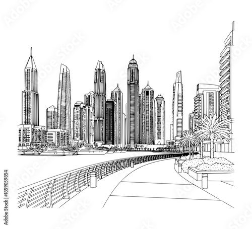 Dubai Marina Walk. Waterfront promenade with restaurants, luxury apartments, and yachts
