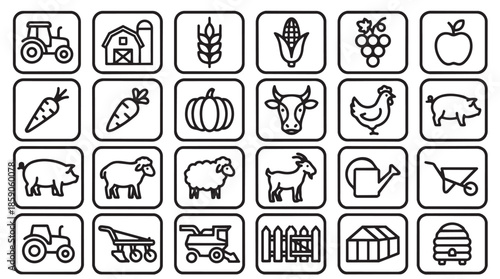 A comprehensive set of outline icons representing various aspects of agriculture and farming, including farm animals, crops, machinery, and tools.