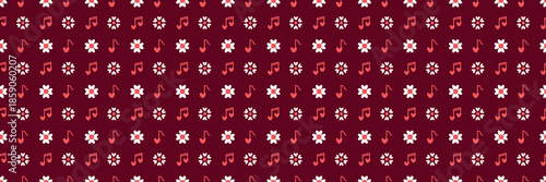 Floral and Musical Heart Pattern on Burgundy Background Valentines Day seamless pattern Long horizontal web cover banner, sale header, voucher template. Wedding, packaging, wrapping paper,