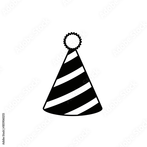 Party hat design in black and white with striped pattern on transparent background 