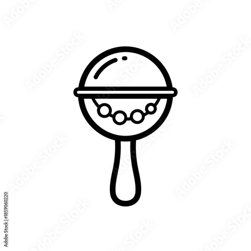 Rattle toy with beads and handle in minimalist line art design on transparent background 