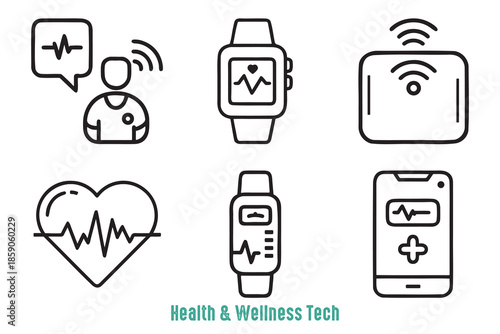 Wearable health and wellness technology icons showing heart rate monitoring equipment