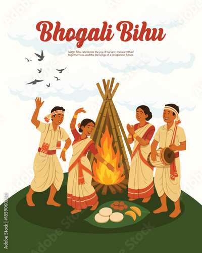 Magh Bihu festival with Meji bonfire and Assamese people celebrating harvest.