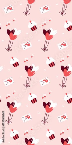 Playful Valentines Day Pattern with Balloons, Cupcakes, and Love Letters Valentines Day seamless pattern Vertical social media stories reels design element, 14 February, anniversary. Vertical poster
