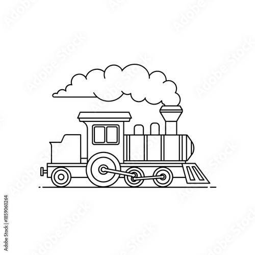 Vector minimalistic style outline of a steam locomotive in black and white on a transparent background  
