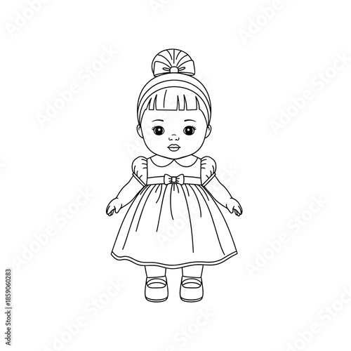Cute cartoon doll with a bow wearing a dress standing upright on a transparent background 