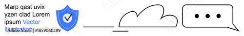 Digital security, cloud services, data storage, cybersecurity, communication, online privacy. A shield with a checkmark, a cloud and a speech bubble key . Digital security and cloud services concept