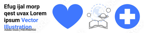 Healthcare, education, charity, wellness, global community, self-care. Blue heart, globe with open book medical cross on white background. Healthcare and education conceptual design