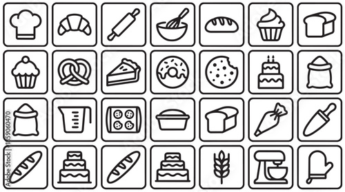 A grid of black and white line art icons depicting various baking tools, ingredients, and finished bakery products like bread, cakes, and pastries.
