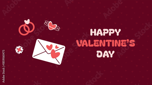 Horizontal valentine day banner. Vector horizontal advertising background for February 14. Cute illustrations poster, greeting cards, headers, website. Rings, love letter, orbit heart