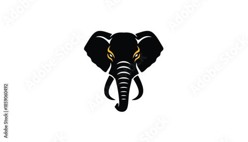 Black Elephant Head with Yellow Eyes on White Background