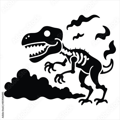 Dinosaur skeleton illustration, prehistoric t-rex fossil with smoke