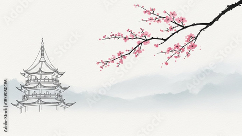 Serene pagoda standing beneath blossoming branch with pink flowers in misty landscape