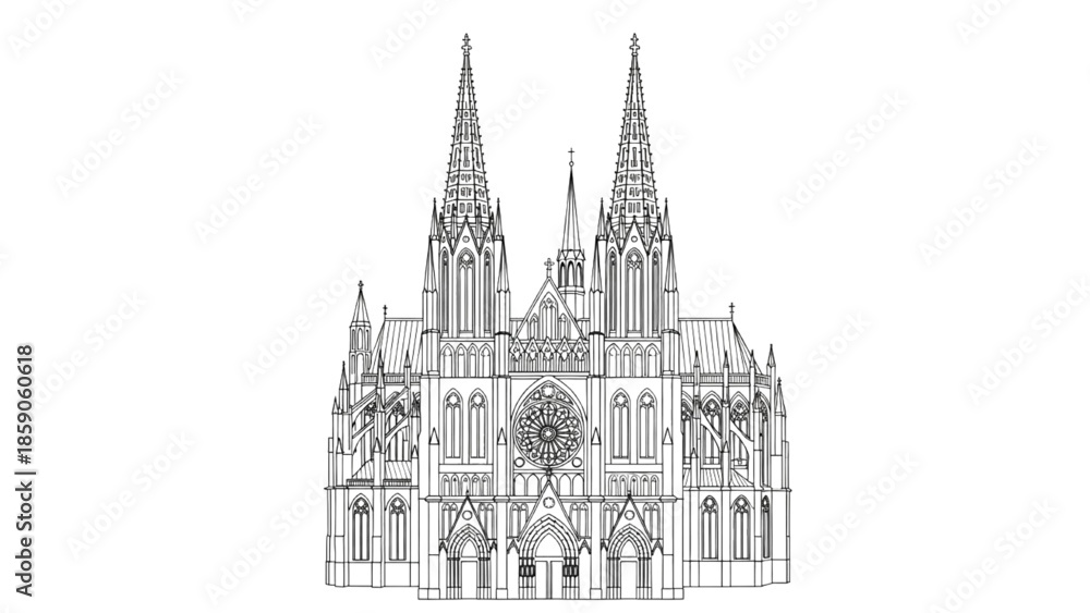 Naklejka premium High-Quality Black Line Art of Gothic Cathedral with Pointed Arches