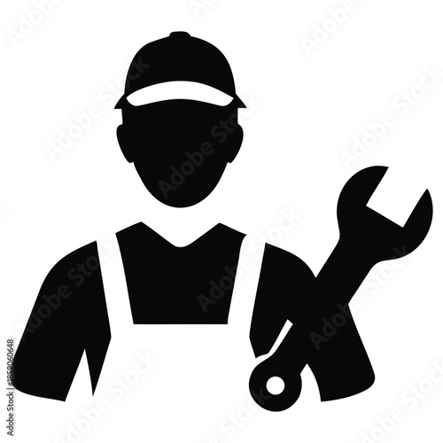Professional repairman mechanic silhouette icon holding large wrench vector illustration.