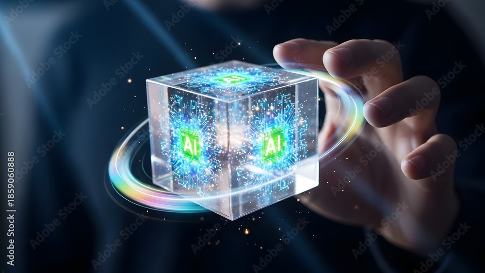 Fototapeta premium A human hand gently holds a vibrant, glowing digital cube, symbolizing advanced artificial intelligence processing and future technological innovation within a complex data structure