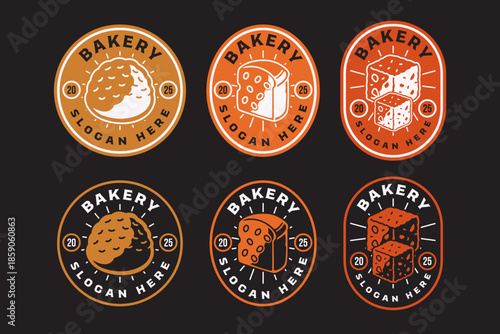 Bakery bread bun, Sliced loaf bread, Cube cake desserts retro rustic badge patch logo design set for restaurant, cafes, bake shop, culinary, pastry, bakery, baked goods. Vector illustration