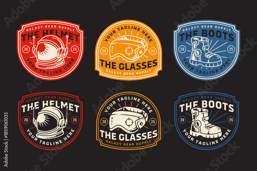 space helmet, protective goggles, tactical boots, sci fi gear, space equipment retro rustic badge patch logo design set for adventure, galaxy, gear, outdoor, technology, gaming. vector illustration