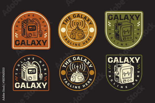 portable radio device, wireless signal transmitter, sci fi communication unit, futuristic monitor device, space tech equipment retro badge patch logo design set for adventure. vector illustration