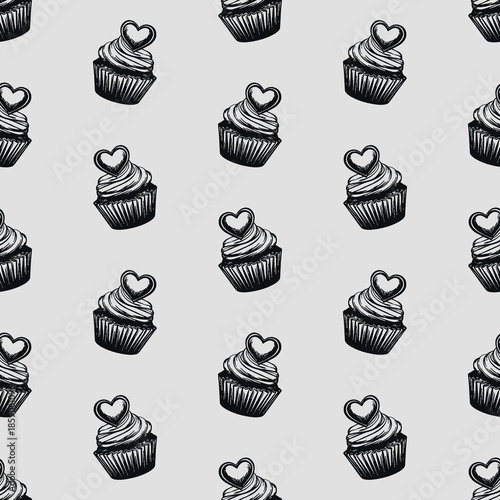 Cute seamless pattern with cupcakes decorated with heart toppers in hand-drawn vintage sketch style on light background for bakery food designs wallpaper wrapping paper and textiles