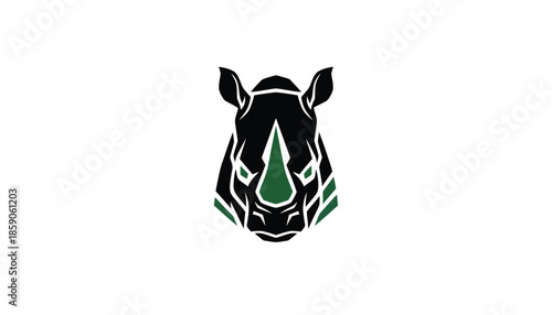 Black Rhinoceros Head with Green Accents on White Background