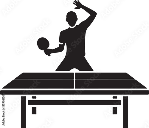 Silhouette Illustration of Table Tennis Player in Action Serving the Ball with Racket and Table