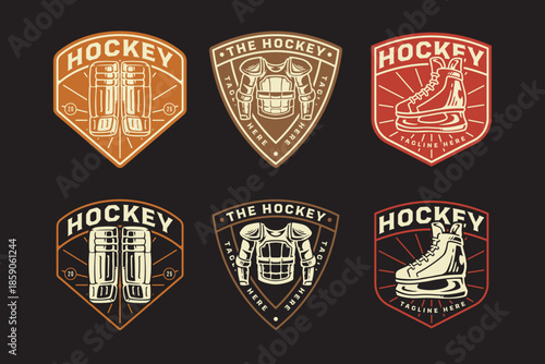 hockey leg pads, goalie chest protector, ice hockey skates, american protective gear, ice hockey equipment gadget retro rustic badge patch logo design set for sport. vector illustration