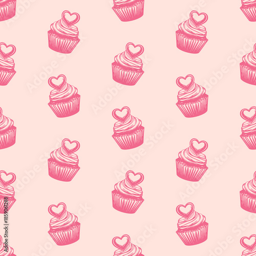 Sweet seamless pattern with pink cupcakes decorated with heart toppers on soft pastel background, romantic dessert design for Valentine's Day, bakery, wrapping paper, textile, wallpaper