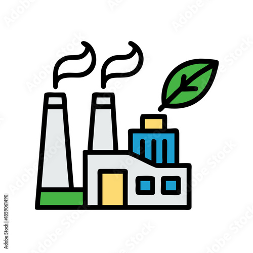 icon of an eco-friendly factory with green leaves and smokestacks, Green energy