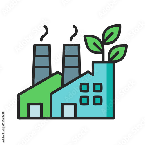 An illustration or icon of an eco-friendly factory with green leaves and smokestacks