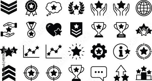 Rating and achievement icons set with stars, awards, trophies, medals and success symbols, black silhouette vector collection