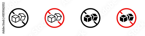 No sugar icons with crossed out sugar cubes in black and red circles Keywords: no sugar, sugar cubes, icon, symbol, prohibition, warning, diet, health, food, drink, restriction, forbidden