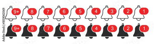 Notification Bell Icon Set with Counters from One to Nine Plus in Line and Filled Style Vector Illustration