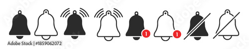 Notification bell icon set for new message alert and ringing alarm with silent mute and sound off symbol for web and mobile user interface design vector