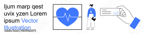 Healthcare, identity verification, digital health, professional services, medical documentation, security. Heartbeat inside heart, person holding an ID card. Healthcare and identity verification