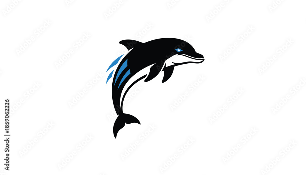 Fototapeta premium Black Dolphin Jumping with Blue Accents on White Background