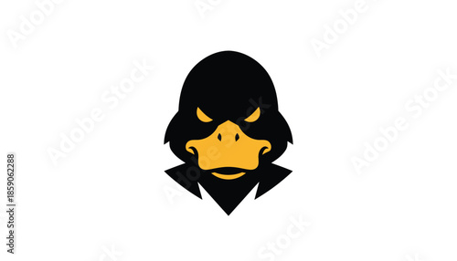Black Duck Head with Yellow Beak on White Background