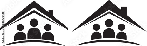 Family under roof icon set black and white outline and solid shapes