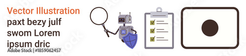 Cybersecurity, data verification, identity protection, information authentication, digital security, task management. Robot holding shield, checklist, magnifying glass target circle icon